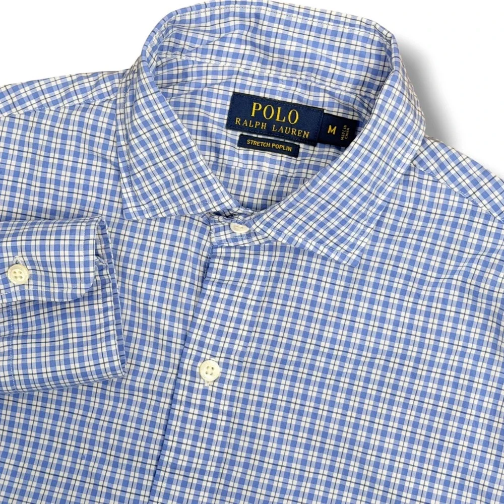 Polo Ralph Lauren Button Down Men M Blue Gingham Stretch Poplin Cotton Slim Fit